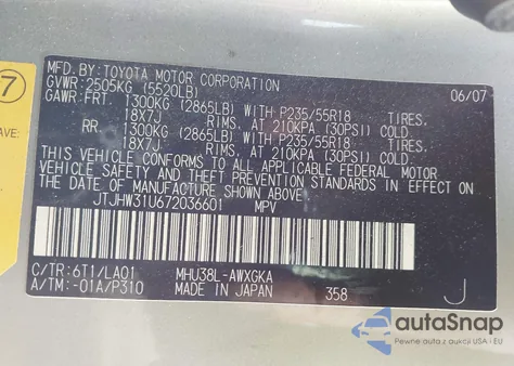 2007 Lexus Rx from USA, damaged, VIN JTJHW31U672036601